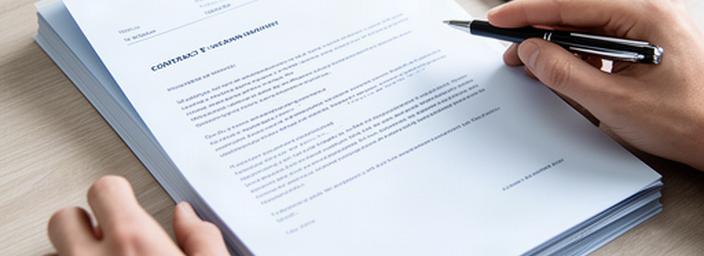 Handen die zakelijke contracten controleren naast een pen en notitieboek