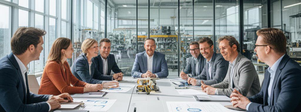 Adviseurs bespreken een groeiplan met een Zeeuws productiebedrijf aan een lange vergadertafel